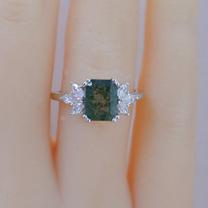 3Ct Moss Agate Engagement Ring, Solitaire Emerald  Cut Moss Agate Engagement Ring