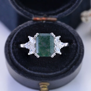 3Ct Moss Agate Engagement Ring, Solitaire Emerald  Cut Moss Agate Engagement Ring