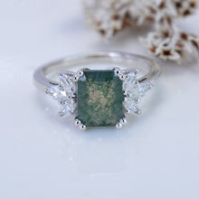 Load image into Gallery viewer, 3Ct Moss Agate Engagement Ring, Solitaire Emerald  Cut Moss Agate Engagement Ring
