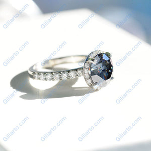3 Carat Round Dark Grey Gray Blue Giliarto Moissanite Halo Gold Engagement Ring