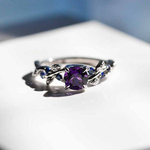 7mm Round Amethyst Sapphire  Floral  White Gold Engagement  Ring