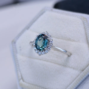 1.5Ct Teal Sapphire Halo Engagement Ring, Oval Shape Brilliant Cut Teal Sapphire Engagement Ring, 14K White Gold Ring