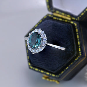 1.5Ct Teal Sapphire Halo Engagement Ring, Oval Shape Brilliant Cut Teal Sapphire Engagement Ring, 14K White Gold Ring