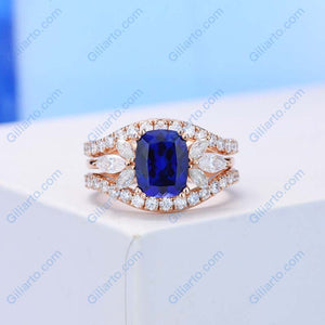 2Ct Cushion Cut Sapphire Vintage Engagement Ring, Cushion Sapphire Engagement Ring, Marquise Side Accents Stones 14K Rose Gold Ring Set