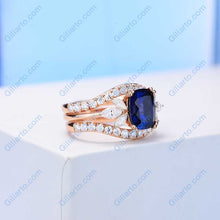 Load image into Gallery viewer, 2Ct Cushion Cut Sapphire Vintage Engagement Ring, Cushion Sapphire Engagement Ring, Marquise Side Accents Stones 14K Rose Gold Ring Set

