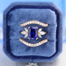 Load image into Gallery viewer, 2Ct Cushion Cut Sapphire Vintage Engagement Ring, Cushion Sapphire Engagement Ring, Marquise Side Accents Stones 14K Rose Gold Ring Set
