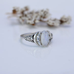 White Gold Dainty Natural Moonstone Leaf Ring, 2ct Marquise Moon Shaped Moonstone Twig Ring