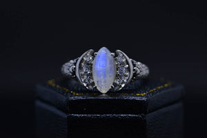 Marquise Moon Cut Natural Moonstone Ring, Silver Ring Unique Curved Moon Ring