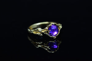 Natural Amethyst Ring, Round Cut Amethyst Floral Ring, White Gold Ring Unique Curved Twig Ring