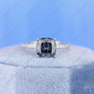 2 Carat Dark  Grey Gray  Blue Cushion Cut Moissanite Stone 14K White Gold Ring
