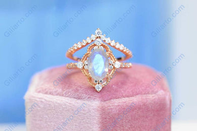 Rose Gold Plated Silver Dainty Natural Moonstone Ring Set, 2ct Oval Cut Moonstone Ring Set, Rose Gold Ring Unique Curved Marquise Cut Ring