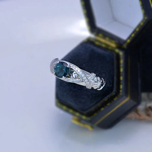 Green Teal Sapphire White Gold Floral Engagement Ring