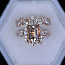 Load image into Gallery viewer, 3Ct Natural Morganite Engagement Ring. Halo Emerald Cut Genuine Morganite Engagement Ring, 9x7mm Step Cut Morganite Engagement Ring with Eternity Band
