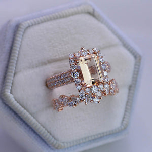 3Ct Natural Morganite Engagement Ring. Halo Emerald Cut Genuine Morganite 14K Rose Gold Engagement Ring Set