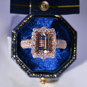 3Ct Natural Morganite Engagement Ring. Halo Emerald Cut Genuine Morganite 14K Rose Gold Engagement Ring Set