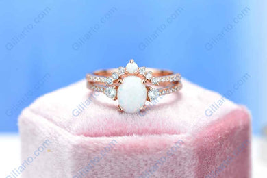 Rose Gold Plated Silver Dainty White Opal Ring Set, Oval Cut Vintage Opal Ring Set, Rose Gold Ring Unique Curved Ring Set
