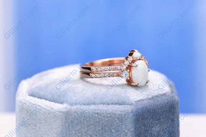 Rose Gold Plated Silver Dainty White Opal Ring Set, Oval Cut Vintage Opal Ring Set, Rose Gold Ring Unique Curved Ring Set