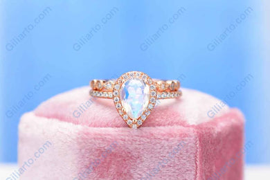 Rose Gold Plated Silver Dainty Natural Moonstone Ring Set, 2ct Pear Cut Moonstone Halo Ring Set, Rose Gold Ring Unique Curved Vintage Ring