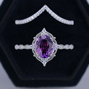 14K Rose Gold Ring 2CT Oval Vintage Wedding Ring, Oval Lavender Sapphire Halo Engagement Ring Set