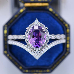 14K Rose Gold Ring 2CT Oval Vintage Wedding Ring, Oval Lavender Sapphire Halo Engagement Ring Set