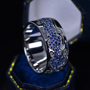 Men's Ring with Blue Sapphire Stones 14K White Gold Ring