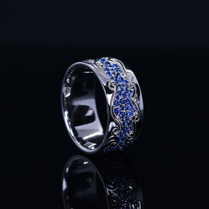 Men's Ring with Blue Sapphire Stones 14K White Gold Ring