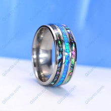 Load image into Gallery viewer, Genuine Australian Blue Fire Opal with Abalone Shell Titanium Ring For Him For Her
