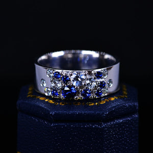 "Stars Sky " Giliarto Men's Ring with Blue Sapphire Stones 14K White Gold Ring