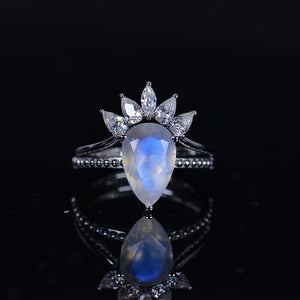 3 Carat Genuine Pear Cut Moonstone White Gold  Ring- Two Ring Set