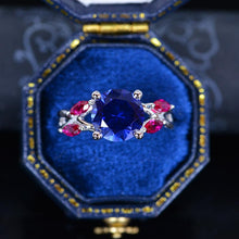 Load image into Gallery viewer, 2Ct Round Sapphire Ruby Vintage Engagement Ring, Royal Blue Sapphire Engagement Ring, Marquise Side Accents Stones 14K White Gold Ring
