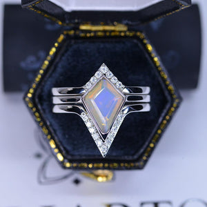 3 Carat Kite Genuine Natural White Opal Halo Engagement Ring, Three Rings Set