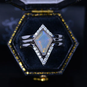3 Carat Kite Genuine Natural White Opal Halo Engagement Ring, Three Rings Set