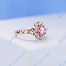 Load image into Gallery viewer, Rose Gold Plated Silver Dainty Pink Sapphire Ring, 1.5ct Oval Cut Vintage Rose Sapphire Ring , Rose Gold Floral Unique Oval Halo Ring
