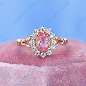 Rose Gold Plated Silver Dainty Pink Sapphire Ring, 1.5ct Oval Cut Vintage Rose Sapphire Ring , Rose Gold Floral Unique Oval Halo Ring