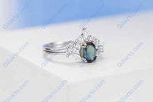 Load image into Gallery viewer, Rhodium Plated Silver Dainty Alexandrite Ring Set, 1.5ct Oval Cut Alexandrite Ring Set, Silver Ring Unique Curved Marquise Cut Ring Set
