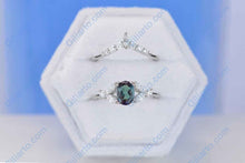 Load image into Gallery viewer, Rhodium Plated Silver Dainty Alexandrite Ring Set, 1.5ct Oval Cut Alexandrite Ring Set, Silver Ring Unique Curved Marquise Cut Ring Set
