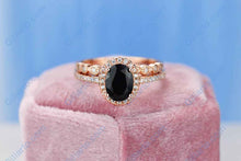 Load image into Gallery viewer, Rose Gold Plated Silver Dainty Natural Onyx Ring Set, 2ct Oval Cut Onyx Vintage Ring Set, Rose Gold Ring Unique Ring
