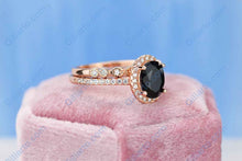 Load image into Gallery viewer, Rose Gold Plated Silver Dainty Natural Onyx Ring Set, 2ct Oval Cut Onyx Vintage Ring Set, Rose Gold Ring Unique Ring
