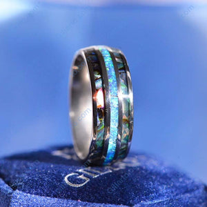 Genuine Australian Blue Fire Opal with Abalone Shell Titanium Ring For Him For Her
