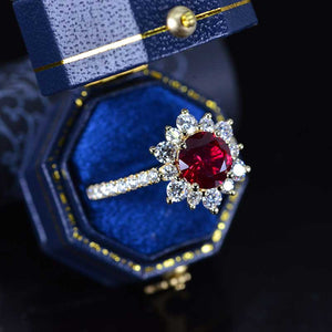 2 Carat Round Ruby Snowflake Halo Engagement Ring. Victorian 14K White Gold Ring