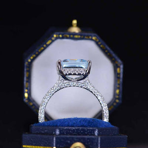 5ct Emerald Cut Moissanite Ring, 5 Carat Emerald Cut Moissanite Engagement Ring, Moissanite Pave Accent Stones Hidden Halo