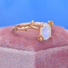 Load image into Gallery viewer, Rose Gold Plated Silver Dainty Natural Moonstone Leaf Ring, 2ct Oval Cut Twig Moonstone Ring, Rose Gold Ring Unique Curved Floral Ring

