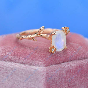 Rose Gold Plated Silver Dainty Natural Moonstone Leaf Ring, 2ct Oval Cut Twig Moonstone Ring, Rose Gold Ring Unique Curved Floral Ring