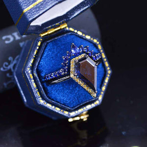 14K Black Gold 3 Carat Kite Blue Moissanite Halo Engagement Ring, Rings Set