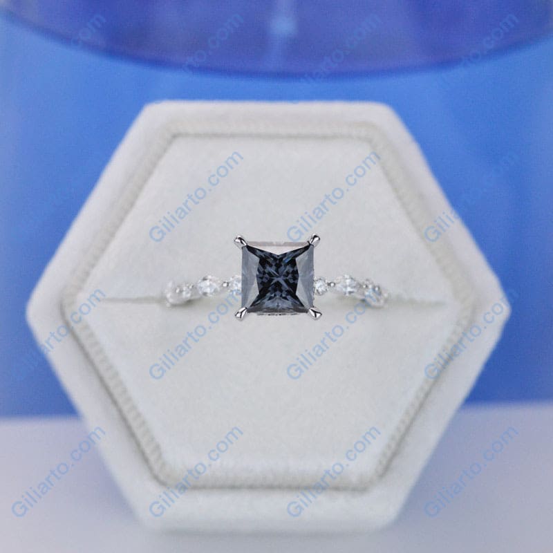 Dark Gray Blue Princess Cut Moissanite White Gold Giliarto Engagement Ring