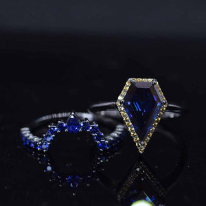 14K Black Gold 3 Carat Kite Blue Moissanite Halo Engagement Ring, Rings Set