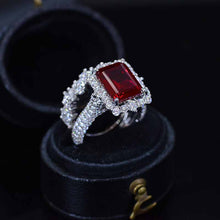 Load image into Gallery viewer, 4Ct Ruby Engagement Ring Halo Emerald Cut Ruby Engagement Ring, 10x8mm Step Cut Ruby Engagement Ring with Eternity Band
