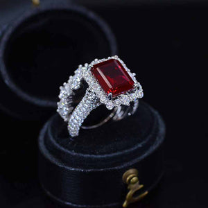 4Ct Ruby Engagement Ring Halo Emerald Cut Ruby Engagement Ring, 10x8mm Step Cut Ruby Engagement Ring with Eternity Band