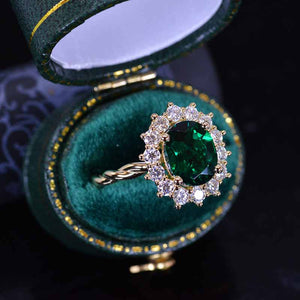 3 CT Oval Halo Emerald Vintage Wedding Ring. 14K Solid Gold Engagement Ring Anniversary Ring, Baguette Double Halo Ring