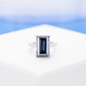 4ct Emerald Cut Dark Gray-Blue Moissanite Engagement Ring, 4 Carat Emerald Cut 11x7mm Moissanite Engagement Ring, Hidden Halo Ring